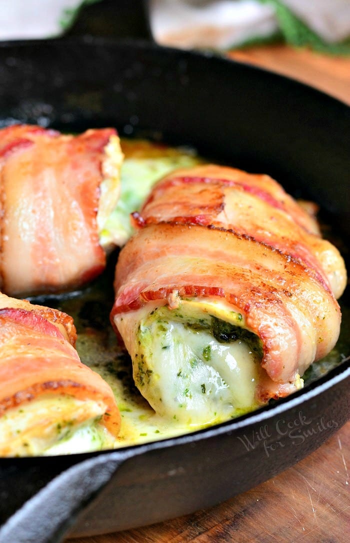 Bacon Wrapped, Mozzarella Pesto Stuffed Chicken | from willcookforsmiles.com