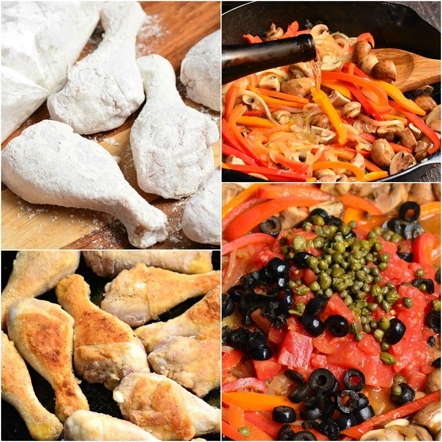 Steps for making chicken cacciatore in a collage 