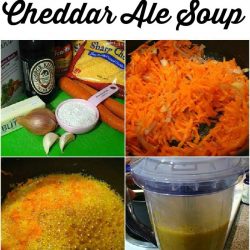 6 picture collage of prep and ingredients for cheddar ale soup