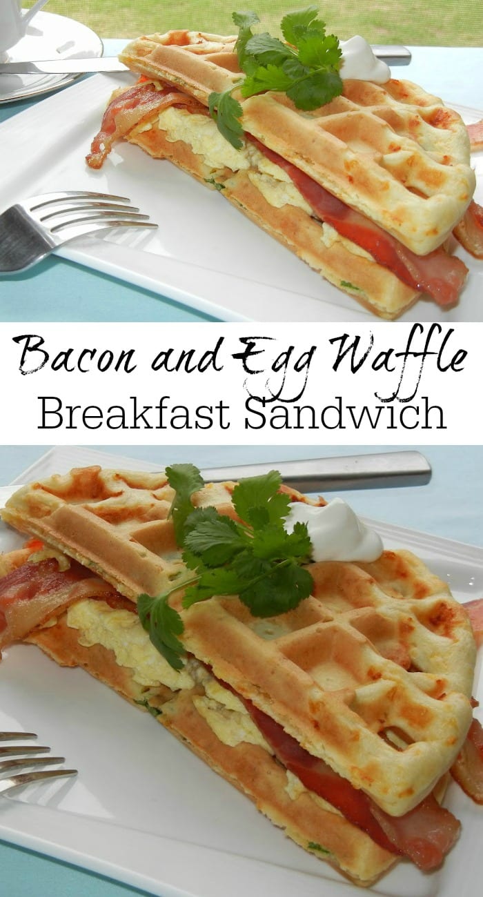 Bacon and Egg Waffle Breakfast Sandwich on a white plate with a fork to the right collage 