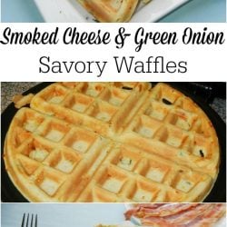 3 picture collage of smoked cheese and green onion savory waffles