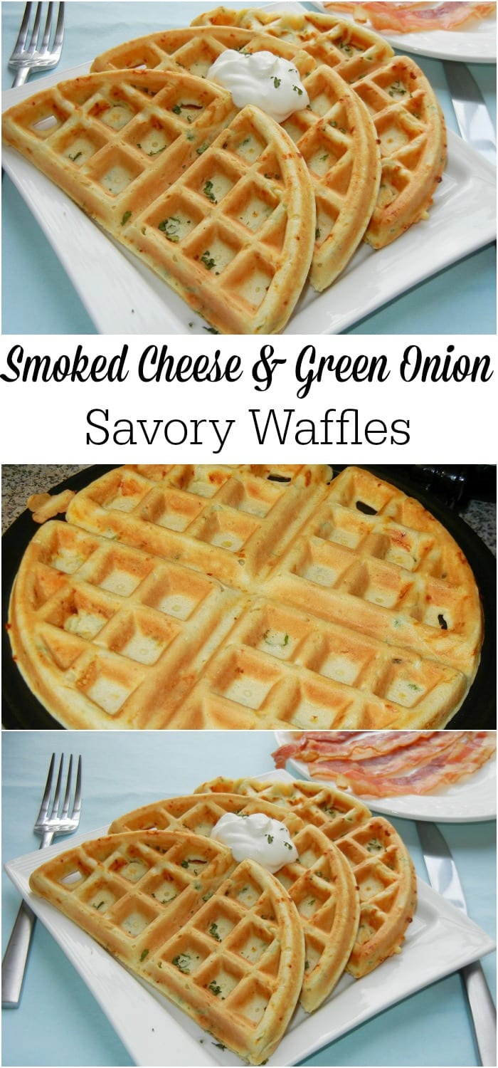 Smoked Cheese and Green Onion Waffles on a plate collage 