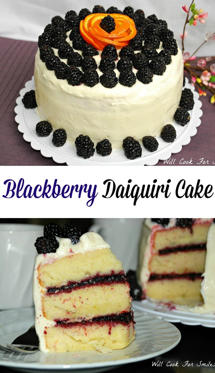 2 picture collage of blackberry daiquiri cake