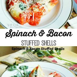 2 picture collage of spinach and bacon stuffed shells
