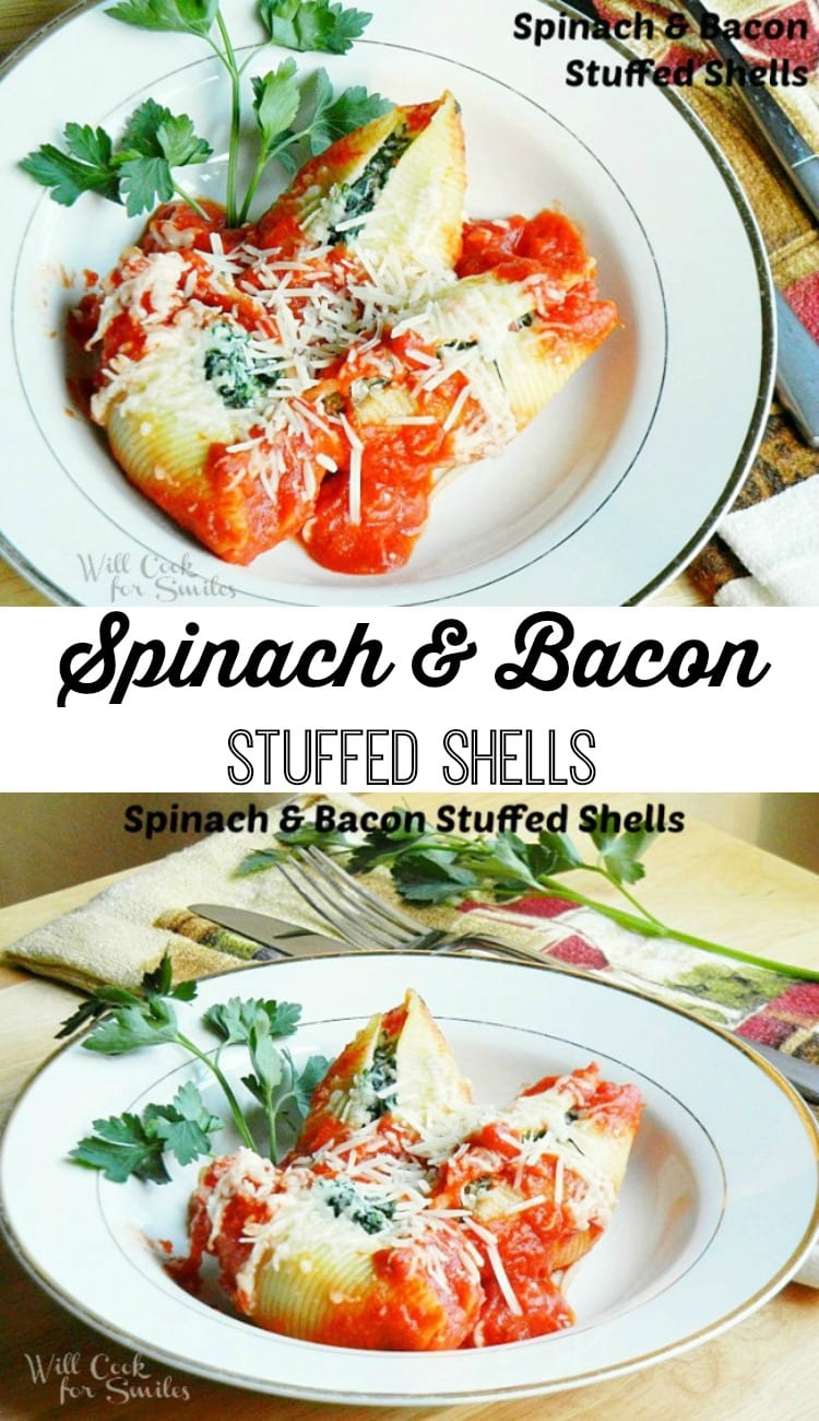 Spinach and Bacon Stuffed Shells in a white bowl collage 