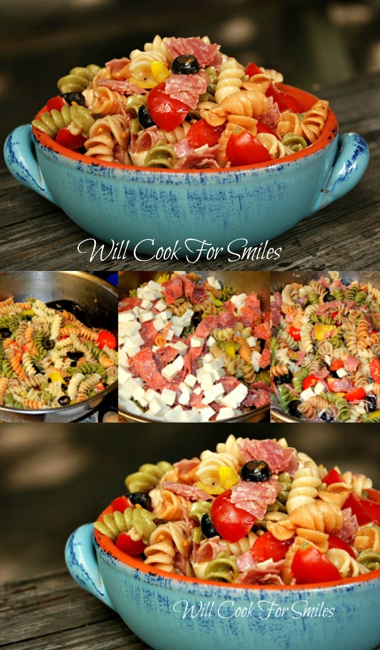 Antipasto Pasta Salad in a blue bowl 