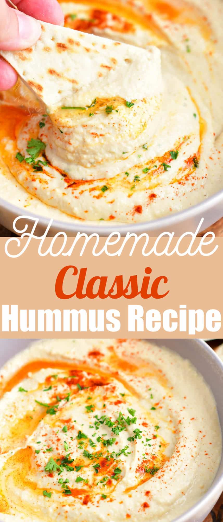 title collage with two images of scooping hummus with flatbread and hummus in a bowl