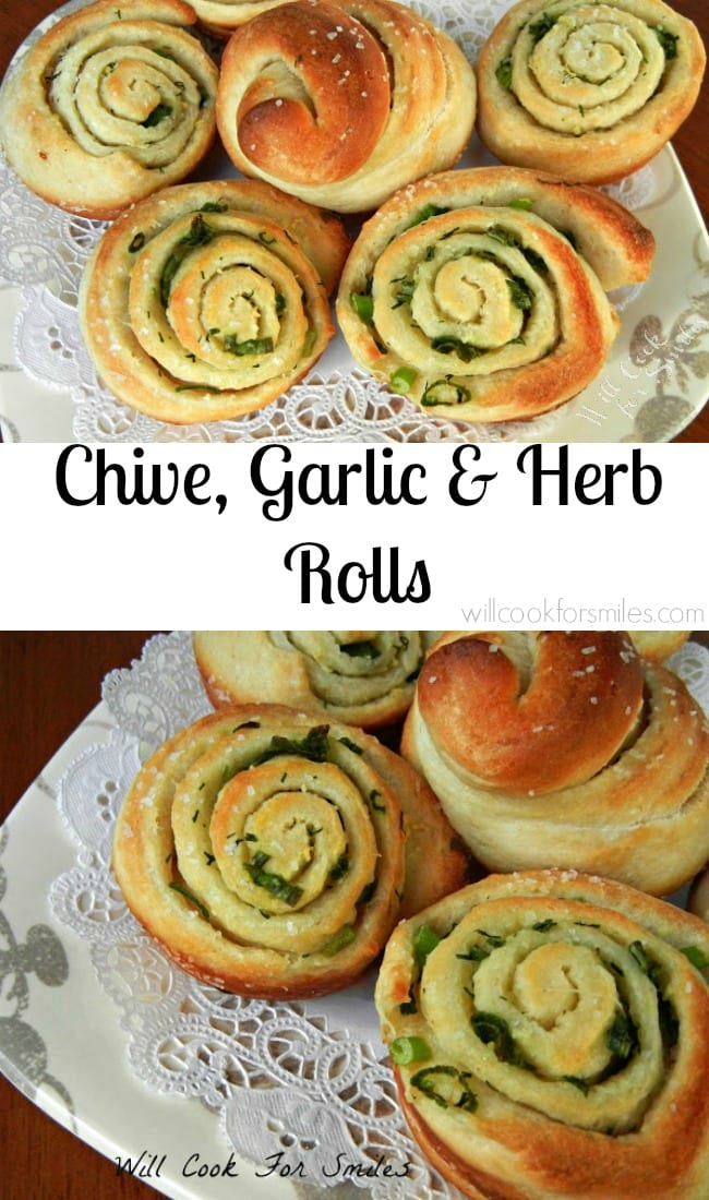 Chive Garlic and Herb Rolls on a plate collage