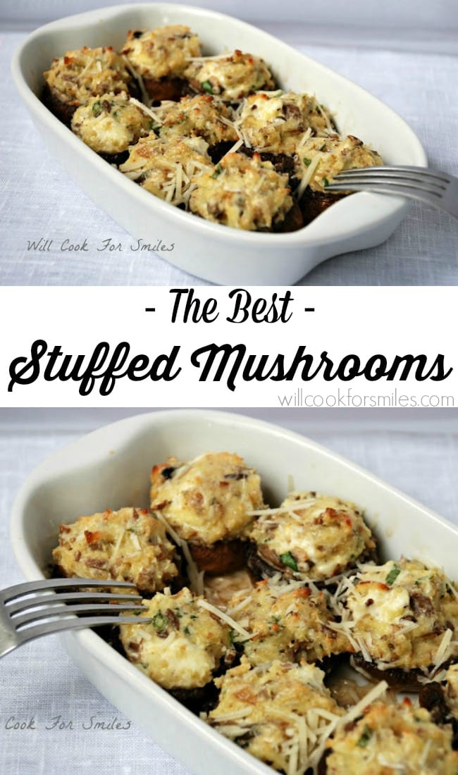 stuffed mushrooms in baking dish 