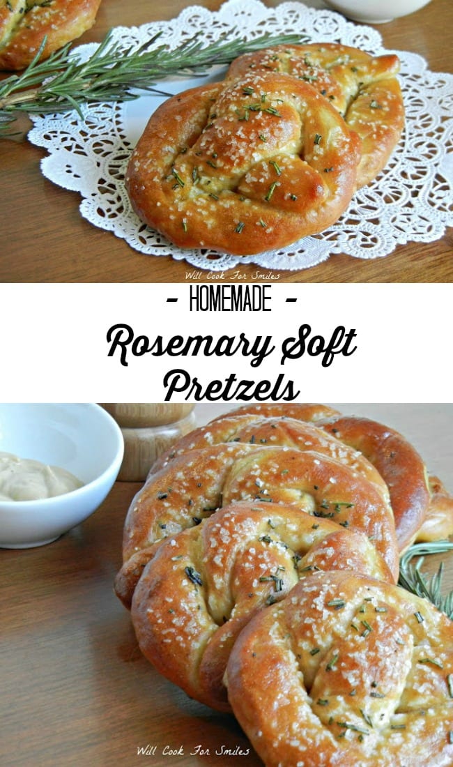 Two photos: Top photo is of two Homemade Rosemary Soft Pretzels on a white doily.  To the left of the pretzels is fresh rosemary. The bottom photo is more Homemade Rosemary Soft Pretzels and a white dish containing a dip.