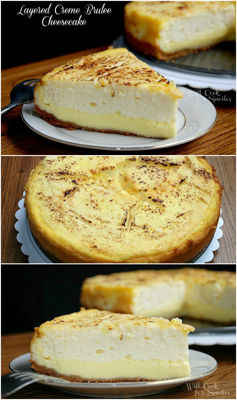 crème Brûlée Cheesecake on a plate, whole cheesecake on a cakepan, and slice of cheesecake on plate collage 