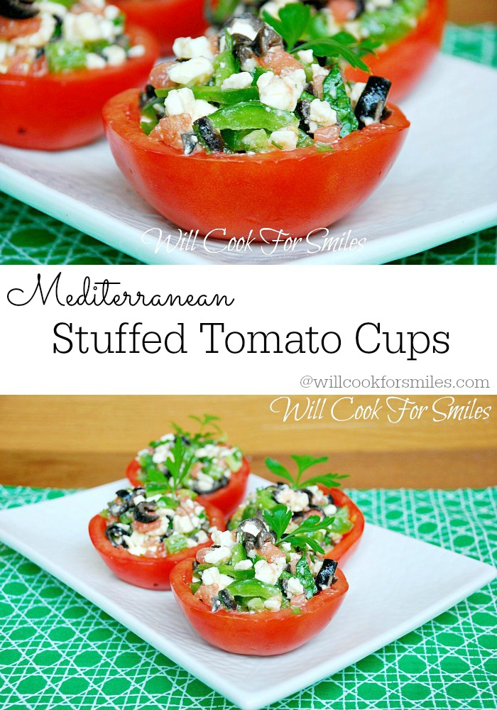 Mediterranean Stuffed Tomato Cups on a white plate collage 