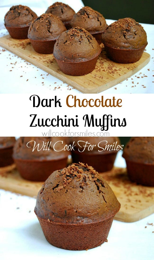 Two photos: The top photo has six dark chocolate zucchini muffins placed on a wooden board. Grated chocolate is a garnish over the muffins, board and table. The bottom photo is a close up of one dark chocolate zucchini muffin. The rest are in the background. Again, grated chocolate was used as a garnish.