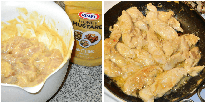 horizonal photo collage chicken in a white bowl with honey mustard on it next photo chicken in a cast iron pan 