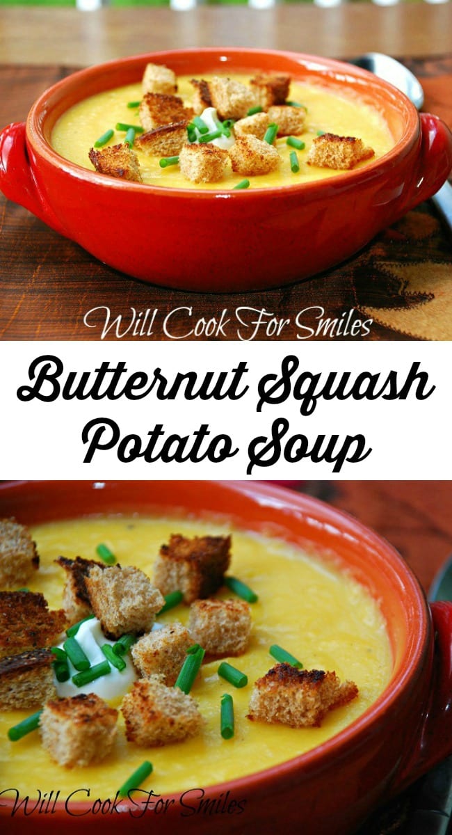 collage top picture is Potato Butternut Squash Soup in a bowl and the bottom is a close up of butternut squash potato soup 