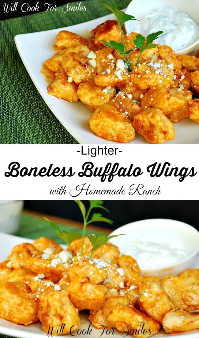 Boneless Buffalo Wings on a white plate with Homemade Ranch in a small bowl collage 