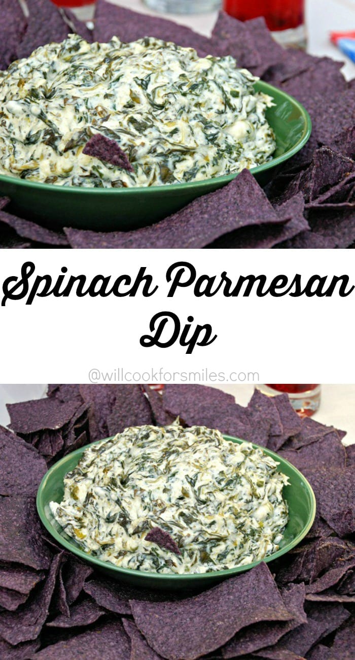 Spinach Parmesan Dip in a green bowl with purple tortilla chips collage 