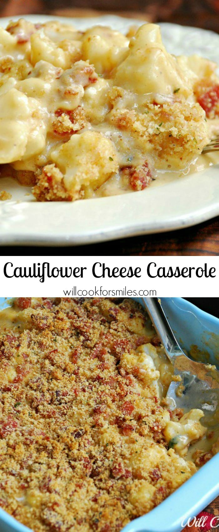 Collage top photo Cauliflower Casserole on a white plate with a fork bottom photo is casserole in a blue casserole dish