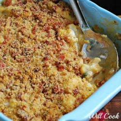 blue baking dish with cheesy cauliflower casserole as viewed from above