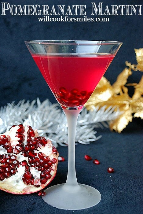 Pomegranate Martini. This sweet and tart martini is made with pomegranate liqueur, vodka, honey liqueur, and pomegranate juice. #cocktail #drink #martini #pomegranate