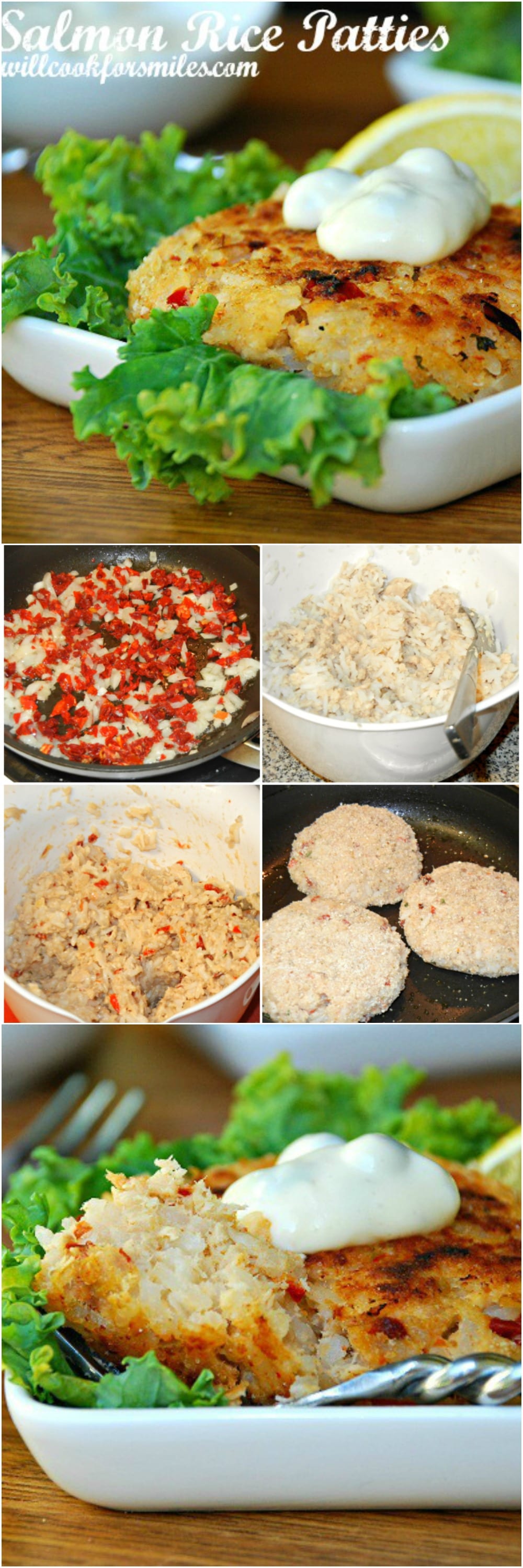 Tasty salmon rice patties easily made with salmon, rice, and sun dried tomatoes. These salmon cakes are served with homemade sauce.