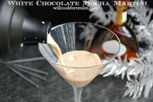 pouring White Chocolate Mocha Martini into a martini glass 