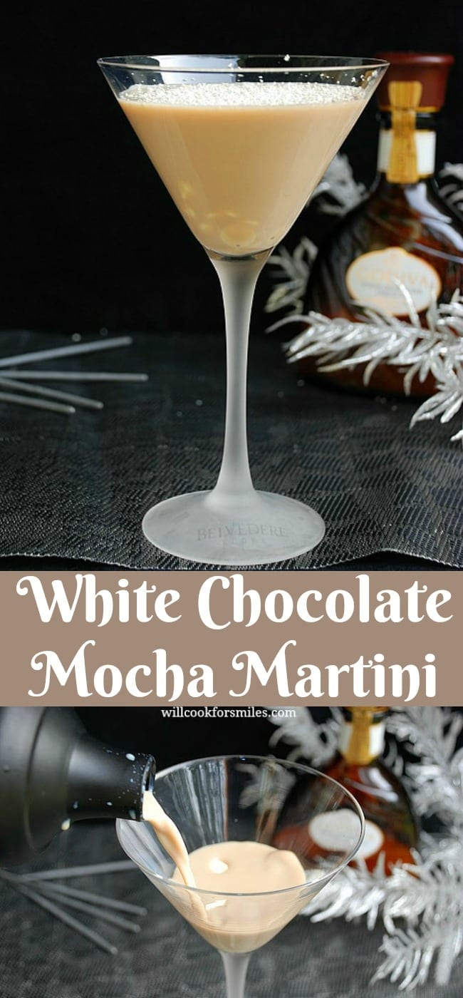 White Chocolate Mocha Martini in a martini glass with white chocolate shavings on top and pouring martini into martini glass collage 