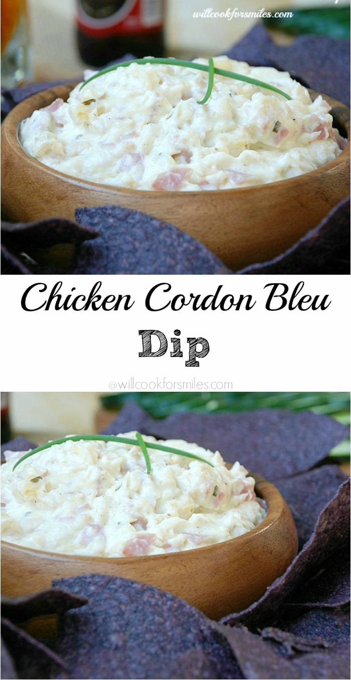 Chicken Cordon Bleu Dip in a wood bowl collage 