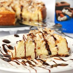 1 slice almond joy cheesecake in front of partial cake