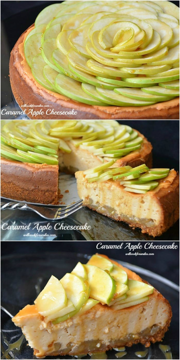 Caramel Apple Cheesecake collage first photo whole cheesecake with apples on top, next slicing cheesecake, last a slice of cheesecake 