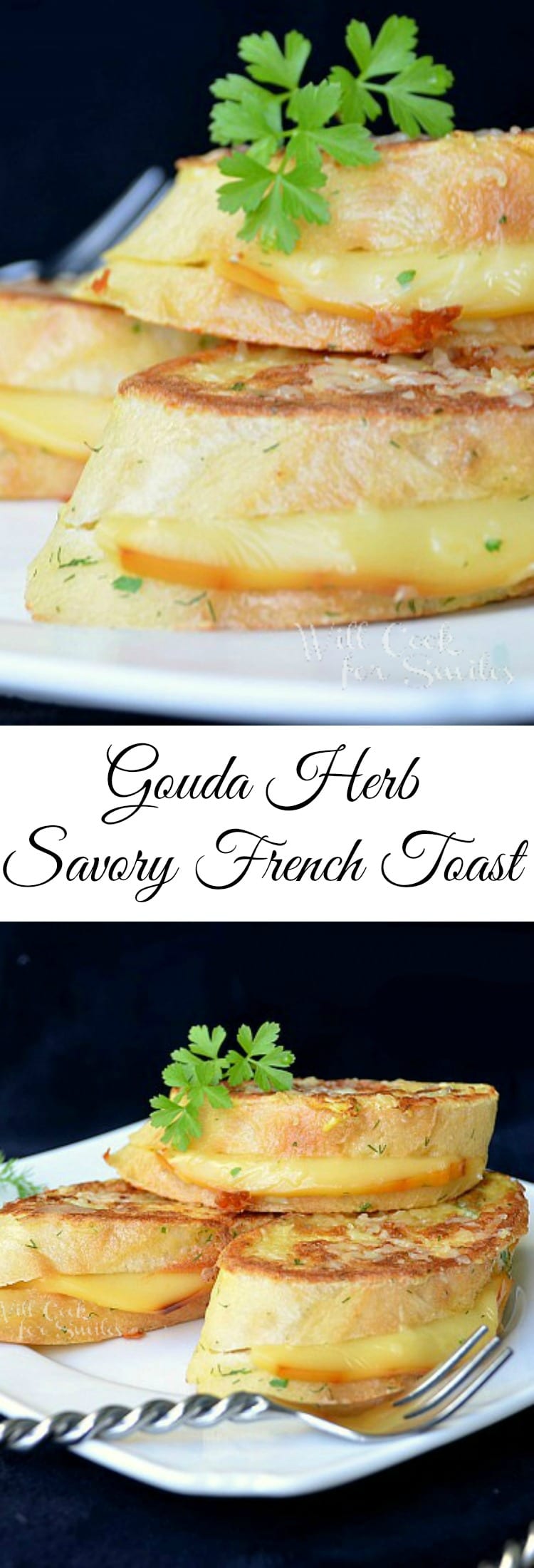 Gouda Herb Savory French Toast stacked on a plate collage