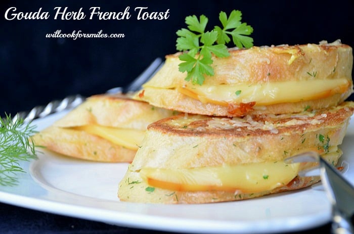 Gouda Herb Savory French Toast stacked on a plate 