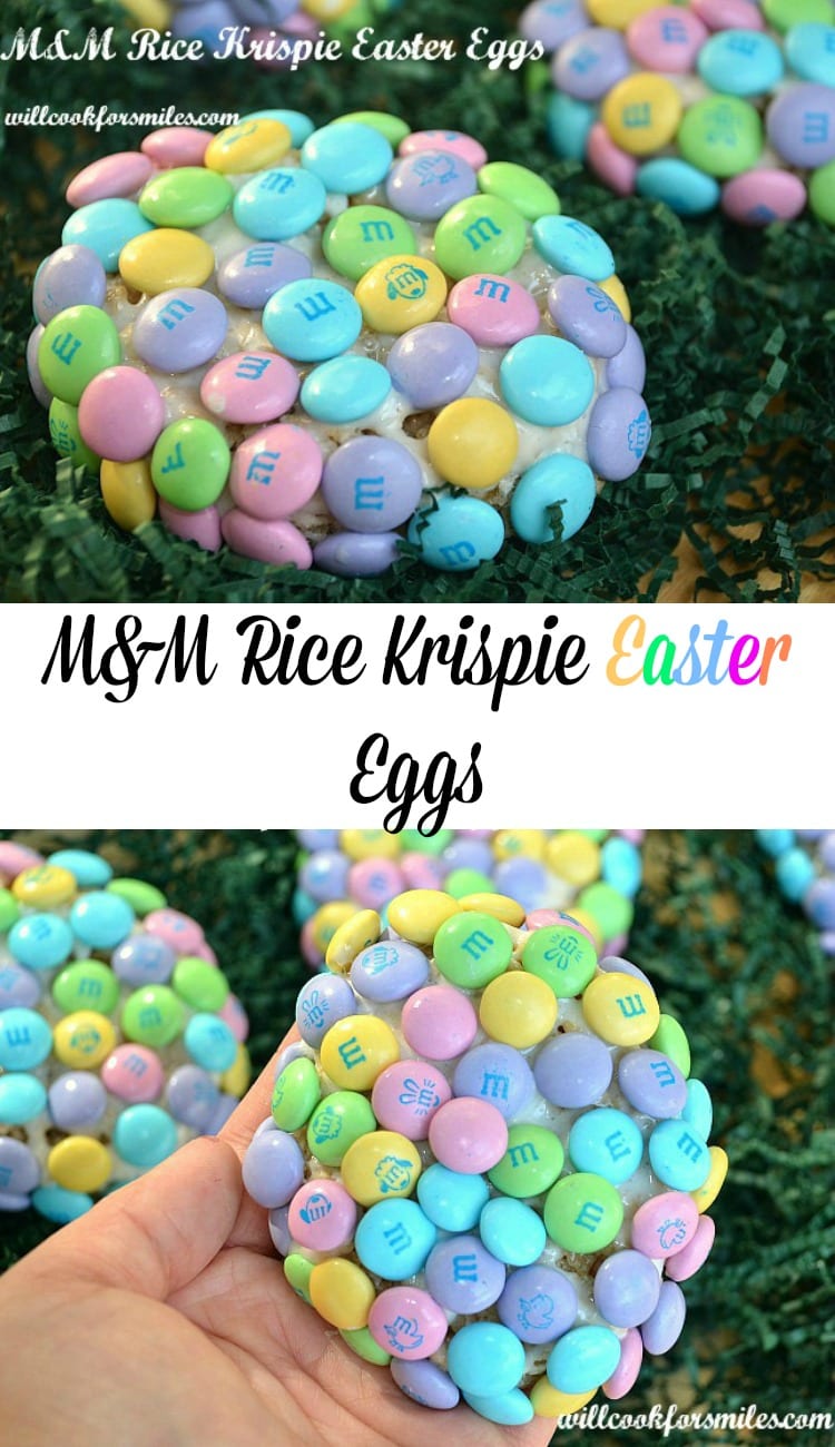 M&M Rice Krispie Easter Eggs. Fun rice krispie treats made into an egg shape and covered with Easter candy. | from willcookforsmiles.com