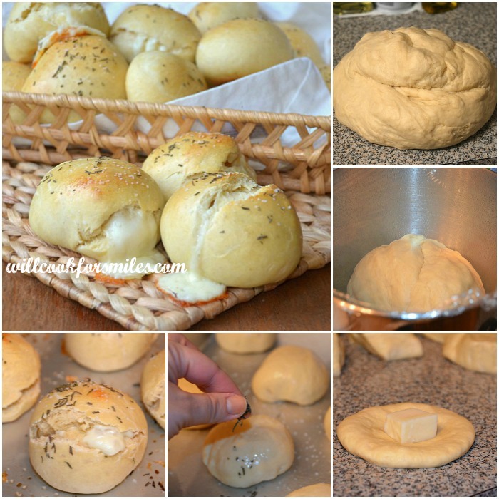 cheesy dinner rolls with cheese coming out of the top of them collage