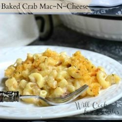 3 picture collage of baked crab mac and cheese