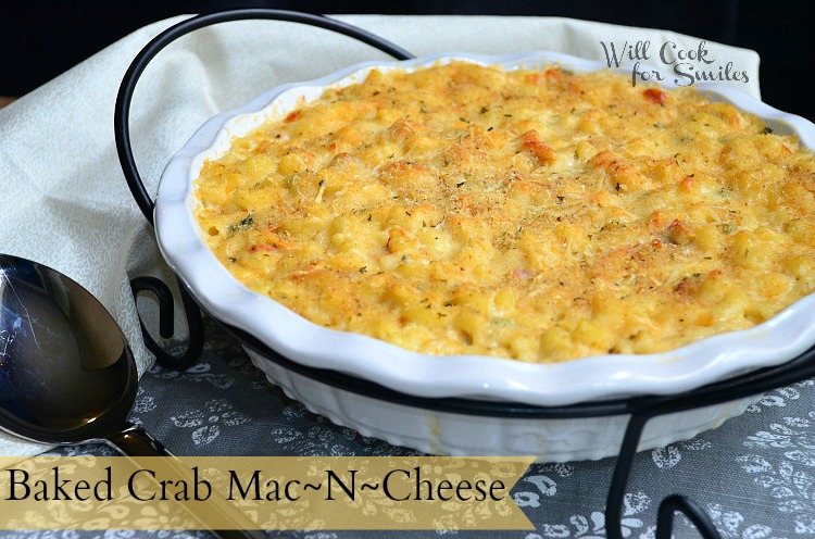 baked crab mac n cheese in a white casserole dish