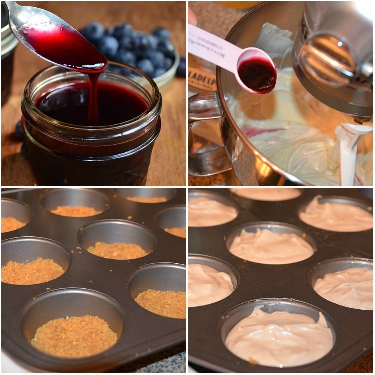 Blueberry mini cheesecake collage with steps of how to make it 