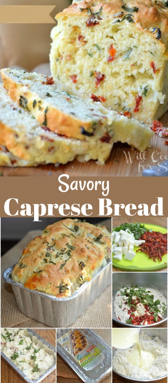 collage of sliced caprese bread on wood cutting board and steps for bread 