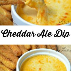 2 picture collage of cheddar ale dip