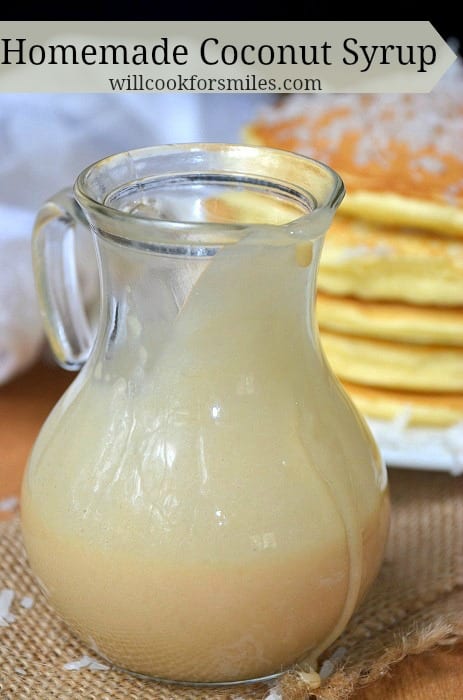 Homemade Coconut Syrup in a glass pitcher 