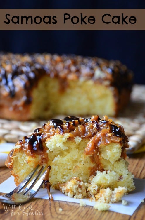 Samoas Poke Cake slice on a napkin 