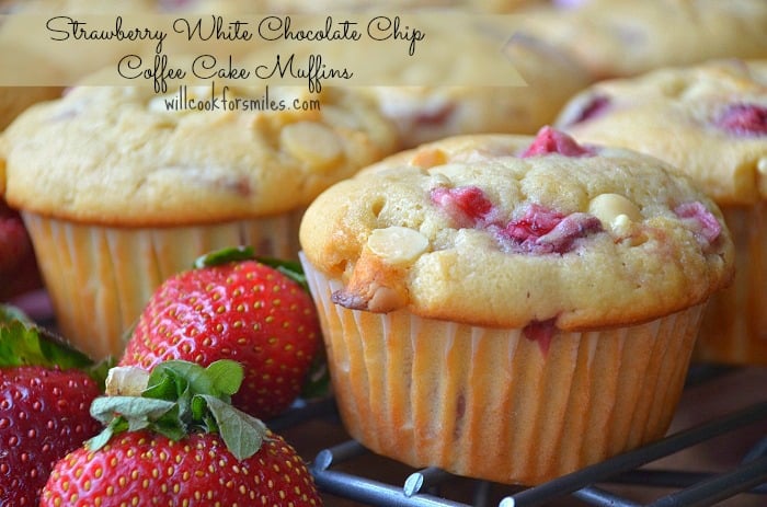 Strawberry White Chocolate Chip Coffee Cake Muffin on a cooling rack 