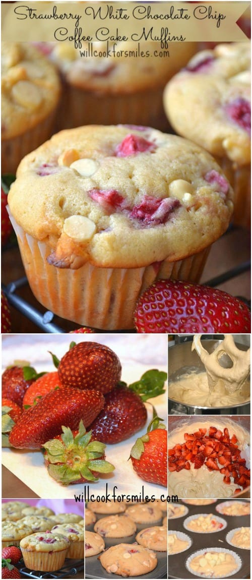  These Strawberry White Chocolate Chip Coffee Cake Muffins collage 