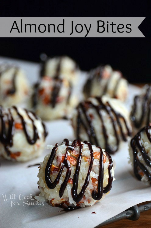 almond joy bites on wax paper close up 