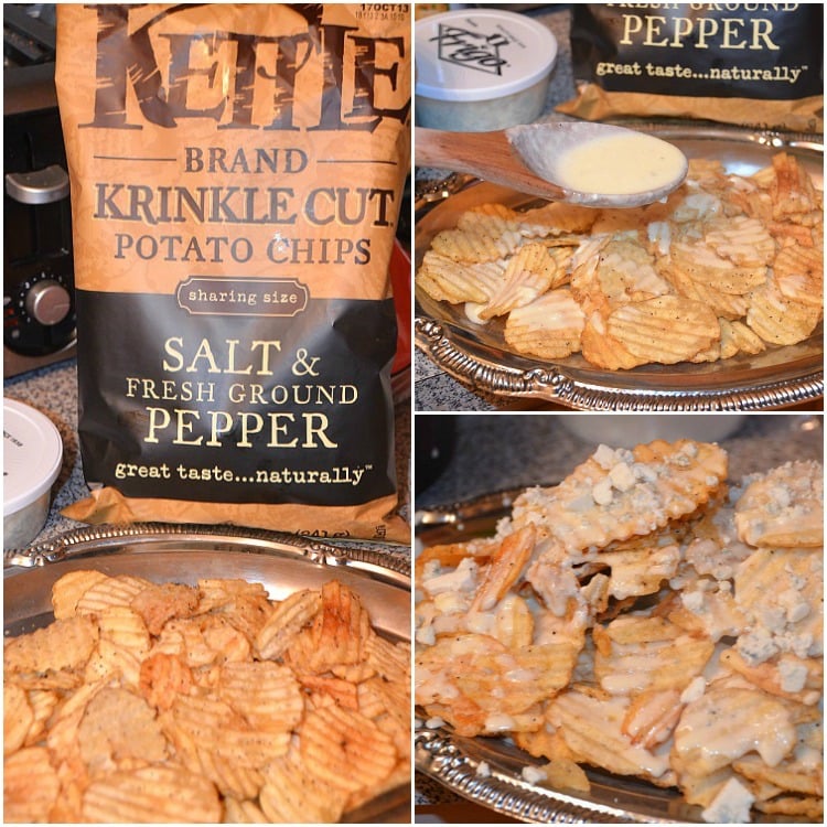 collage of prep and ingredients for blue cheese chips