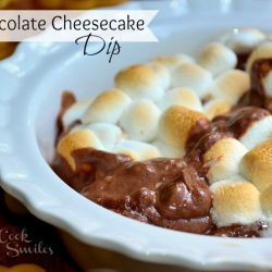 close up shot of hot chocolate cheesecake dip in white bowl