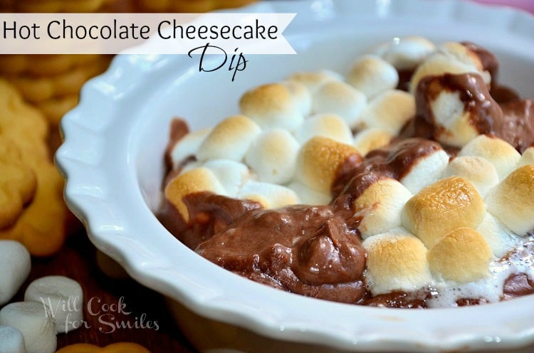close up shot of hot chocolate cheesecake dip in white bowl