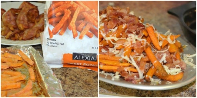 collage of prep and ingredients of smothered sweet potato fries