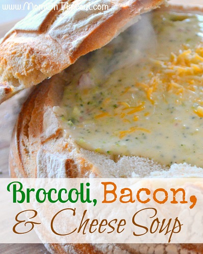 Broccoli-Bacon-and-Cheese-Soup in a bread bowl 