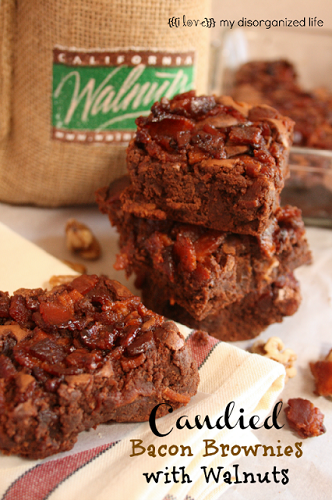 Candied Bacon Brownies on table and napkin 